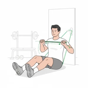 Illustration of a seated row exercise being performed with a green theraband attached to a door anchor.
