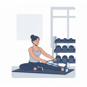 A person using a blue resistance band to assist with hamstring stretches during a yoga session.