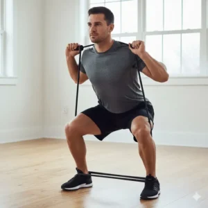 Athlete performing a squat with the thera tube band positioned over the shoulders and under the feet to add resistance to a lower body exercise.