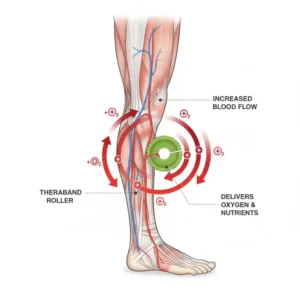 Scientific illustration showing how a theraband roller stimulates blood flow and oxygen to sore muscles.