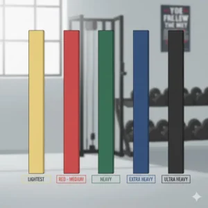 Side-by-side comparison of different color resistance bands, highlighting the red theraband as the medium or light-medium resistance level.