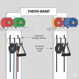 The storage hooks and shelves on the thera band wall station neatly organizing resistance tubing, helping keep the clinic floor clutter-free and organized.