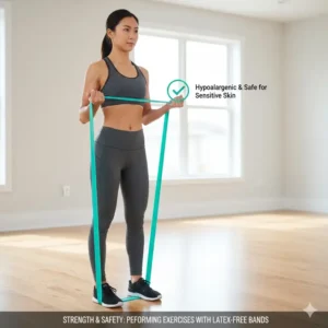 A person performing a bicep curl with a latex-free resistance band, demonstrating practical use while assuring those with allergies that the band is safe, and confirming: are therabands latex free?