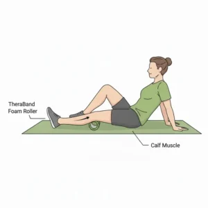 Detailed illustration of a runner targeting calf muscles for recovery with a thera band roller.