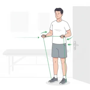 An instructional graphic showing external shoulder rotation exercises with a green theraband.