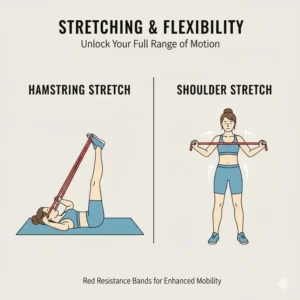 Close-up of an athlete doing stretching exercises with red resistance bands.