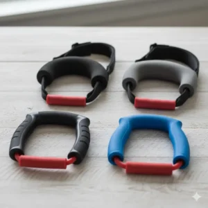 Image showing the various types of foam and plastic handles or grips that can be attached to a thera tube band for comfortable use.