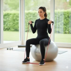 A fitness model performing a seated bicep curl. The Theraband is anchored under the feet while the user sits on the stability ball for a stable, low-impact upper body workout.