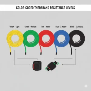 An array of color-coded resistance tubes and accessories specifically designed for use with the thera band wall station, showing the different progression levels.