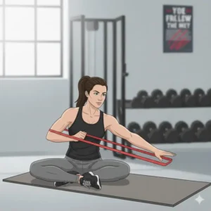 An illustration demonstrating a seated rotational core exercise where the red theraband is anchored and pulled for oblique and core stability.