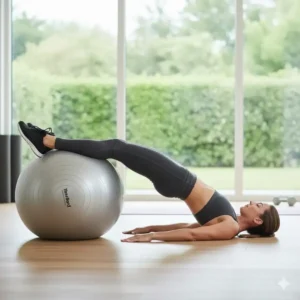 A physical therapy illustration demonstrating a glute bridge exercise with the feet placed on the stability ball for a challenging hamstring and glute squeeze.