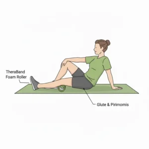 An instructional drawing of a seated figure using a thera band roller for glute and piriformis release.