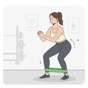 A person performing lateral walks with a green theraband looped around their ankles for glute activation.