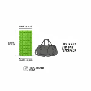 Illustration highlighting the compact and portable size of the theraband roller for travel and gym use.