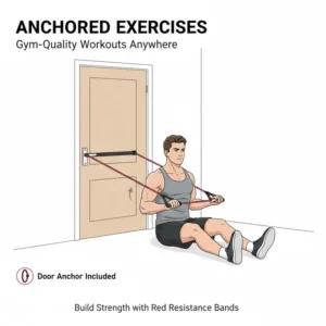 Setup of red resistance bands with a door anchor for home workouts.