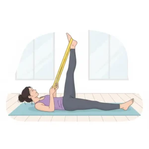 Illustration of a person performing deep hamstring stretches assisted by a yellow exercise band.