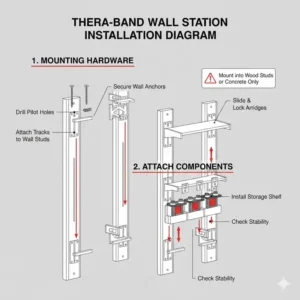 A simple diagram illustrating the secure mounting and installation requirements for a safe and stable thera band wall station setup in a home or facility.