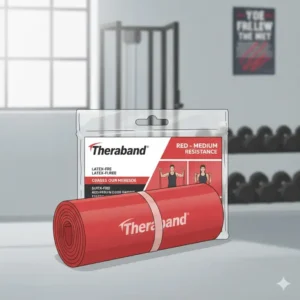 A clear product shot of a brand new, rolled-up red theraband in its retail packaging, ready for home use or clinic purchase.