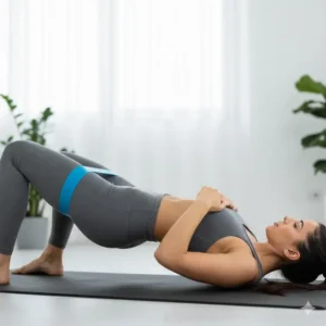 An athlete performing a glute bridge while wearing small thera resistance bands (mini loop) around the knees to enhance hip and glute muscle activation.