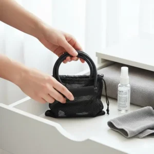 Photo showing how to properly clean and store a thera tube band to prevent damage and maximize its lifespan.