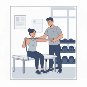 Illustration of a patient using a blue resistance band for shoulder rehabilitation exercises under guidance.