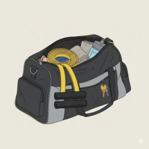 A lightweight and portable yellow exercise band neatly folded inside a gym travel bag.