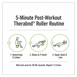 Infographic outlining a 5-minute post-workout recovery routine using a theraband roller for major muscle groups.