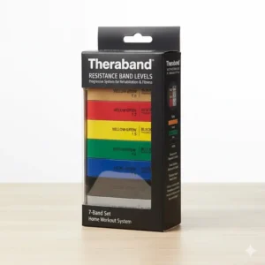 A full retail set showing the progression of different Theraband resistance band levels.