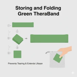 A simple illustration showing the proper way to fold and store a green theraband to prevent tearing.