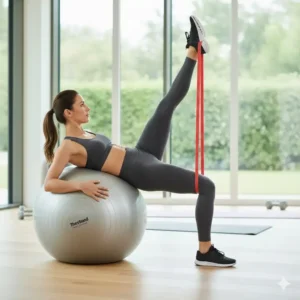 A person lying on their side with the stability ball supporting their torso, using a loop Theraband around their ankles for a hip and leg abduction exercise.