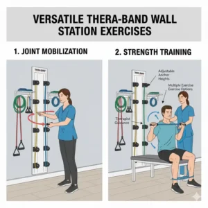 A physical therapist instructing a patient on how to properly use the highly versatile thera band wall station for joint mobilization and strength training.