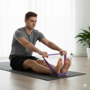 A person holding a long, flexible, thera resistance bands (specifically the latex-free type) to assist with deep post-workout stretching and improved flexibility.