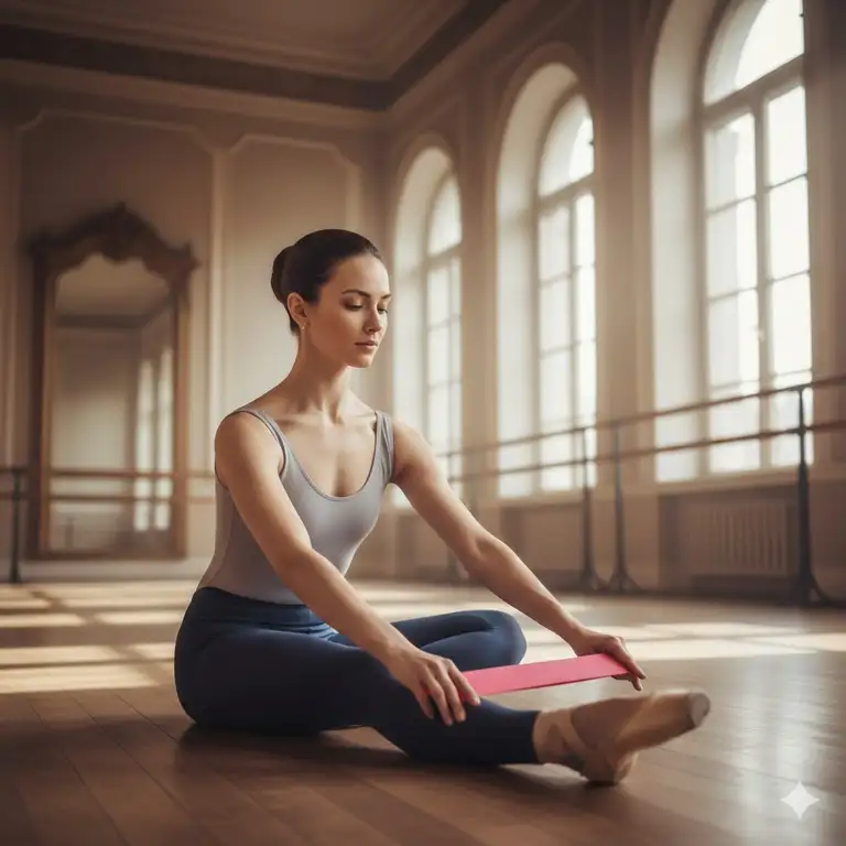 A professional ballerina in a studio performing stretches with a thera band ballet to improve foot articulation.