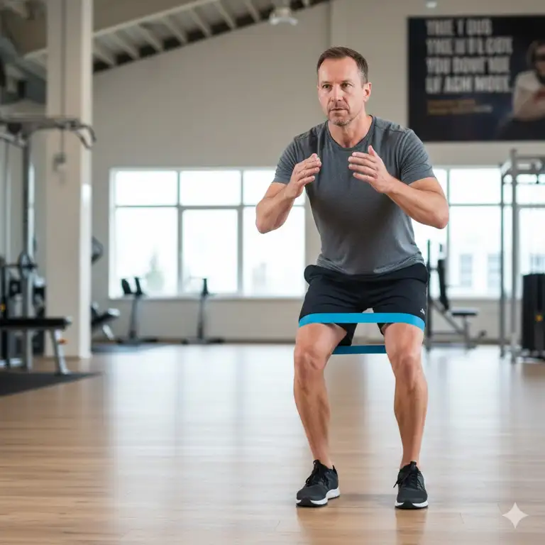 A person performing a lateral walk exercise using a theraband blue resistance band to strengthen hip abductors.
