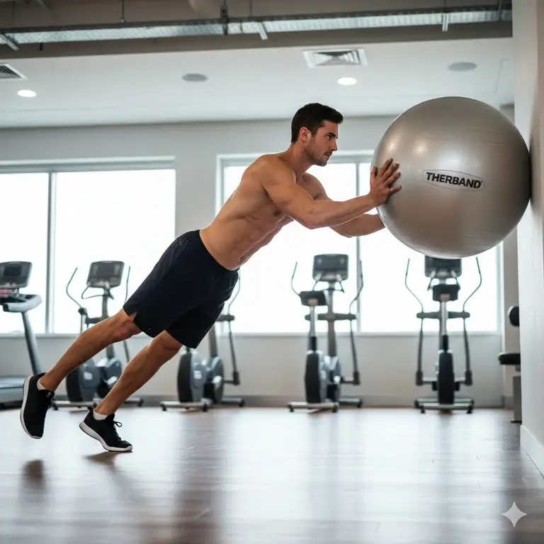 A professional athlete performing a core stabilization exercise using a silver theraband swiss ball in a bright gym setting.