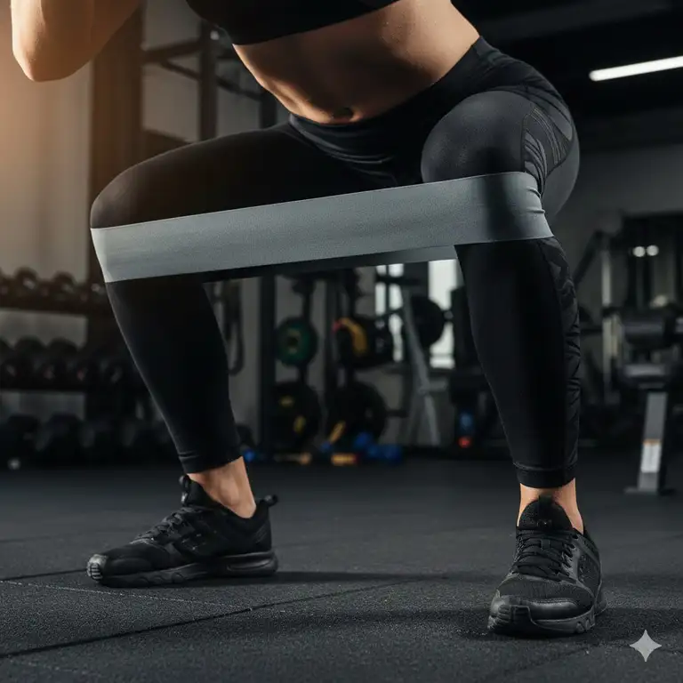 Close-up of an athlete using a heavy-duty short band for squat exercises in the gym.
