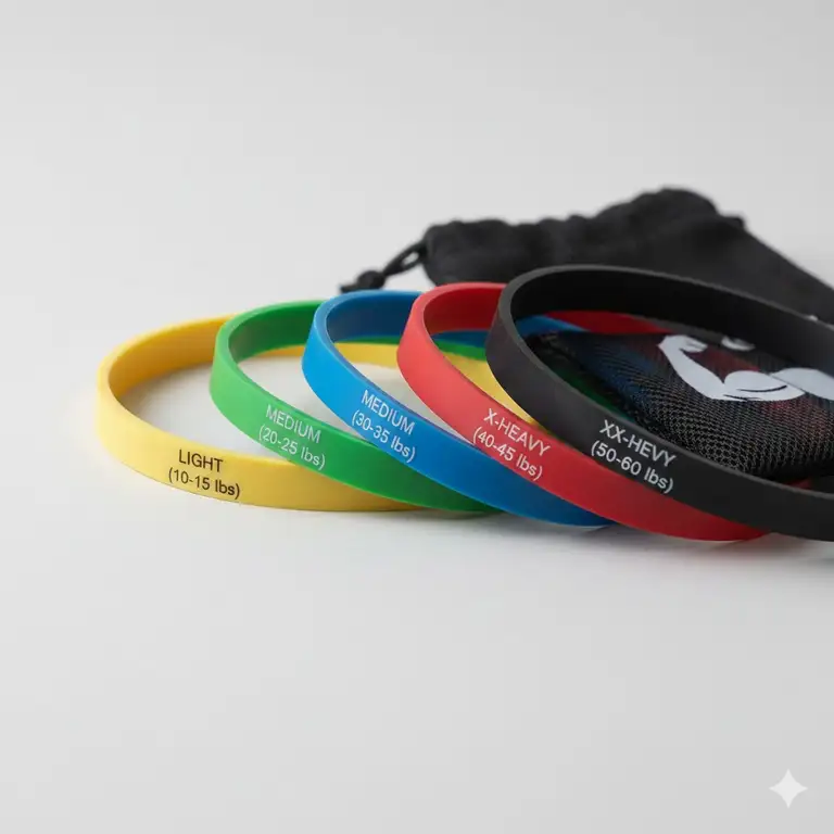 A complete set of five multi-colored mini loop bands ranging from light to extra-heavy resistance on a clean background.