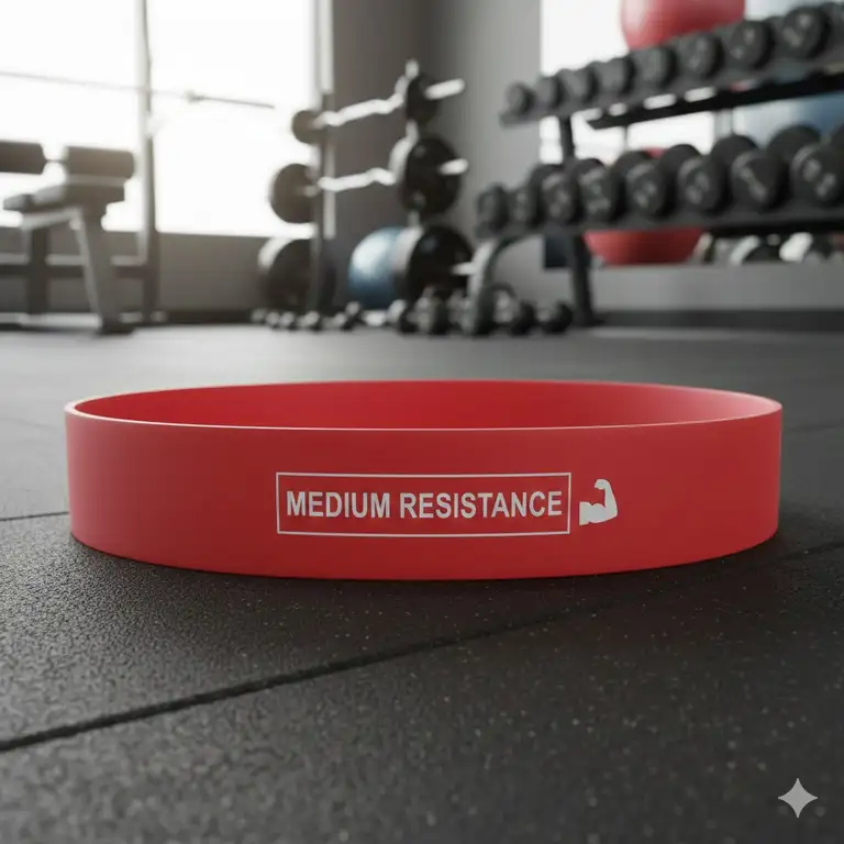 A high-quality red exercise band placed on a gym floor showing its texture and resistance level.