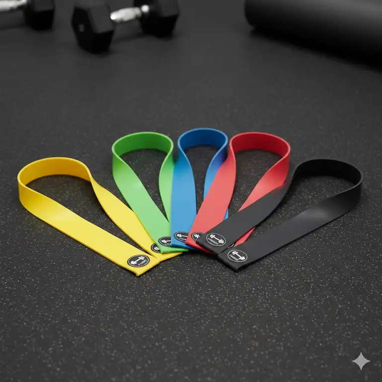 A professional set of five colour coded resistance bands laid out on a gym floor showing different tension levels.