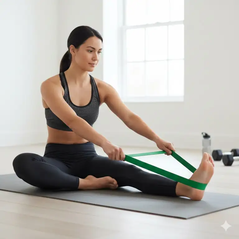 A person performing a full-body routine using a theraband stretch strap on a yoga mat.