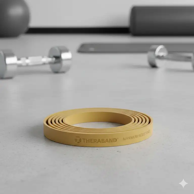 Featured Image: A professional-grade gold theraband coiled on a gym floor, representing the elite level of elastic resistance.