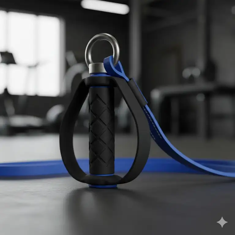 A professional close-up of a premium band handle with a stainless steel D-ring.