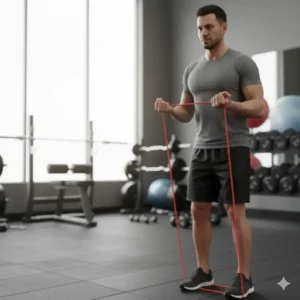 A person performing bicep curls using a red exercise band for strength training.