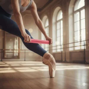 Close-up of a dancer's feet practicing point and flex exercises using a thera band ballet.