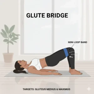 Illustration of a person performing a glute bridge with a mini loop bands around the thighs to activate the gluteus medius.