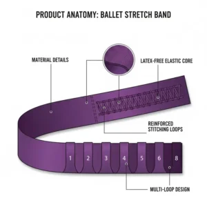 A detailed product anatomy diagram of a ballet stretch band showing the multi-loop design and durable material.