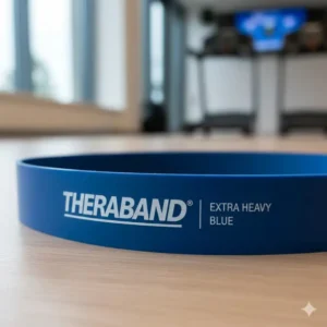 Close-up view of the theraband blue resistance band texture showing the authentic branding and extra heavy resistance level.
