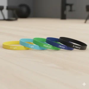 A variety of multi-colored short band resistance levels displayed on a wooden surface.