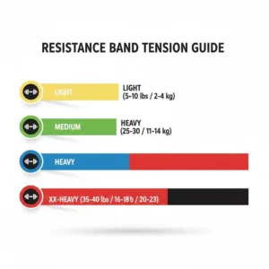 An infographic chart displaying the weight levels and tension for each of the colour coded resistance bands.