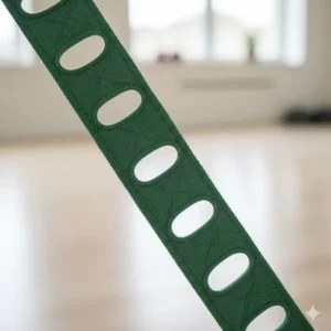 Close-up detail of the individual loops on a green theraband stretch strap for adjustable grip.